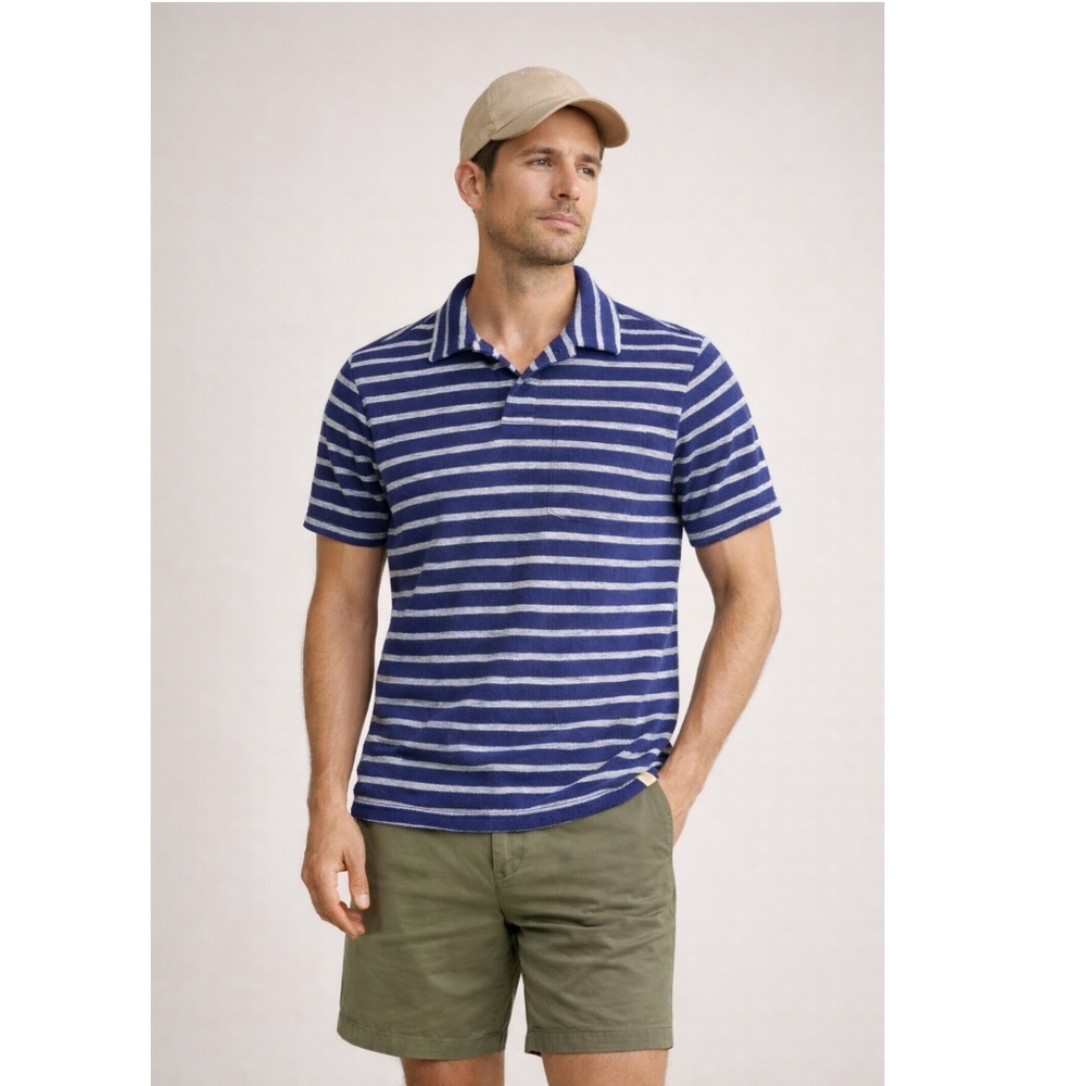 Marine Layer Mens Large Blue Polo Striped Terry Cloth Beach‎ Resort Casual